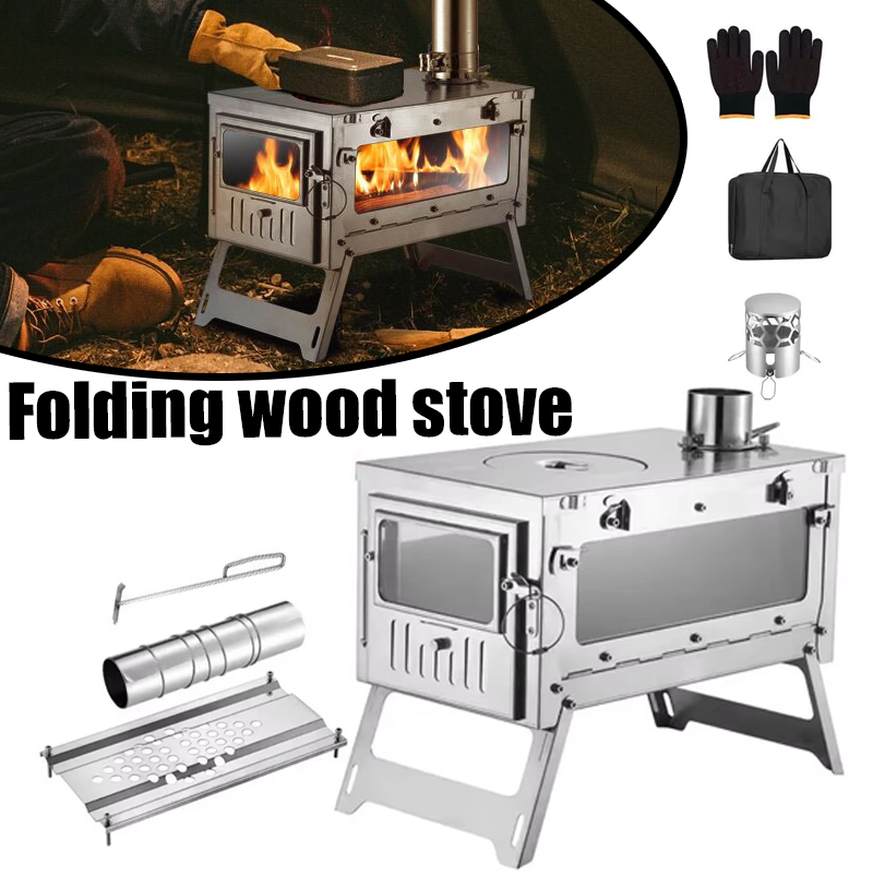 Outdoor Camping Stove Wood - 430 ステンレス鋼ポータブルテントストーブ折りたたみ式サイドガラス煙突バーナーキャンプ薪ストーブ加熱調理グリル