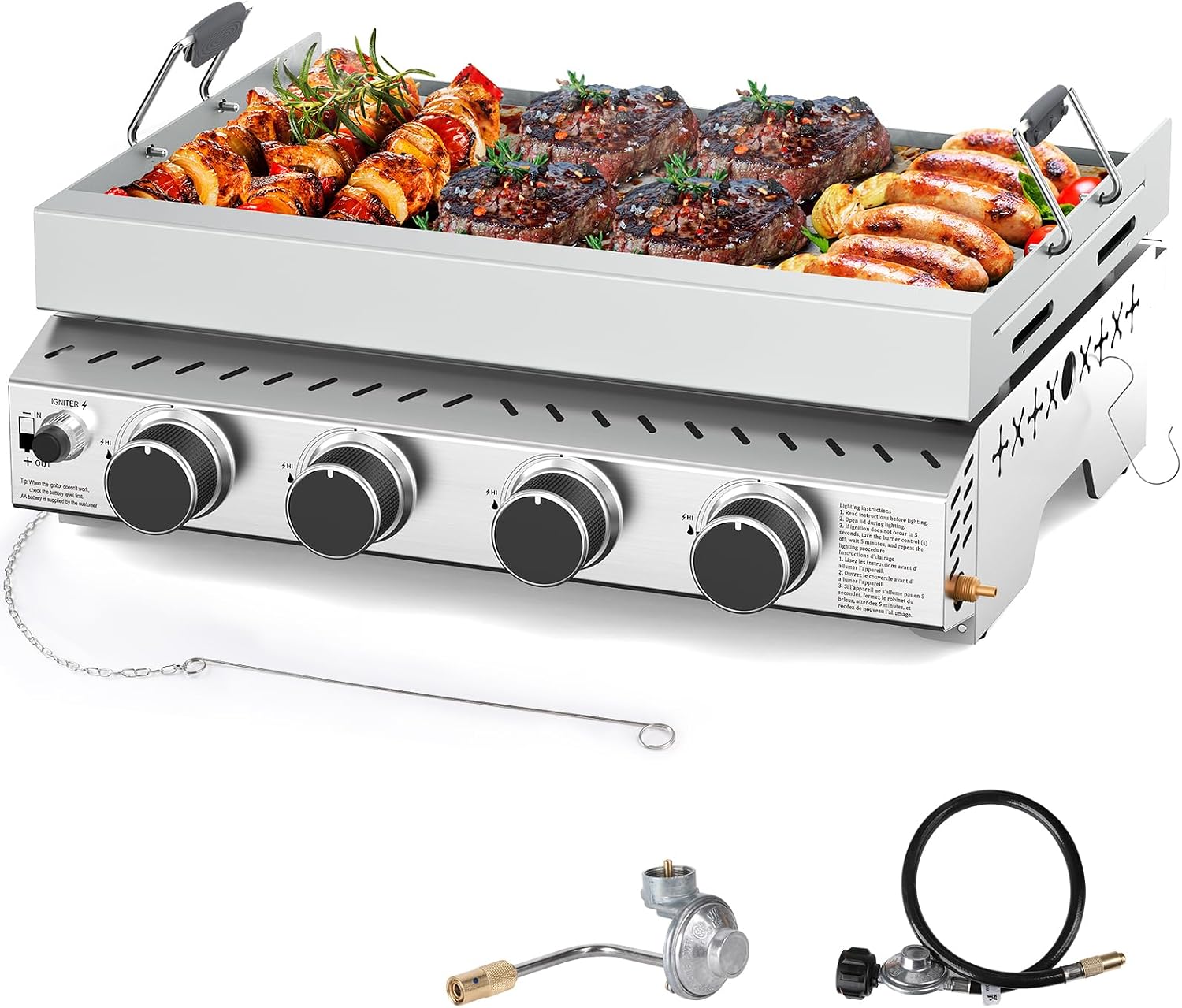 Outdoor Camping Griddle - ポータブル4バーナー ステンレス鋼BBQグリドル、32000 BTUプロパンガスグリル、ノンスティックグリッド付き、屋外キャンプピクニック用