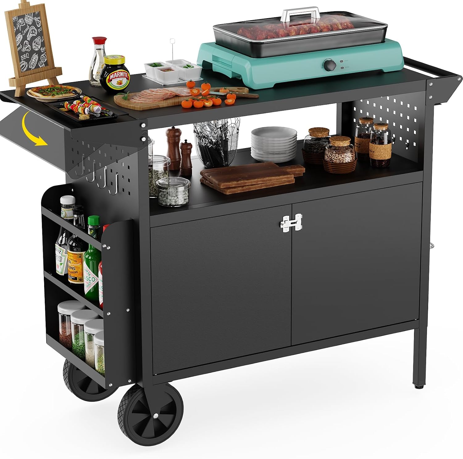Outdoor Camping Table With Storage - 屋外グリルカートテーブル、収納付きキッチンアイランド、ホイール付き折りたたみ式テーブルトップ、バーベキュー用食品準備ステーション、頑丈な金属グリドルカウンタートップ、パティオやキャンプ用