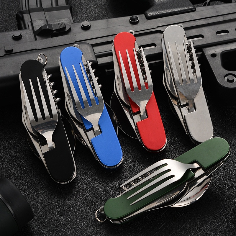 Outdoor Camping Uk - 4 in 1 折りたたみ食器取り外し可能なキャンプ用品ステンレス鋼ナイフフォークスプーンオープナーポータブル屋外旅行カトラリー