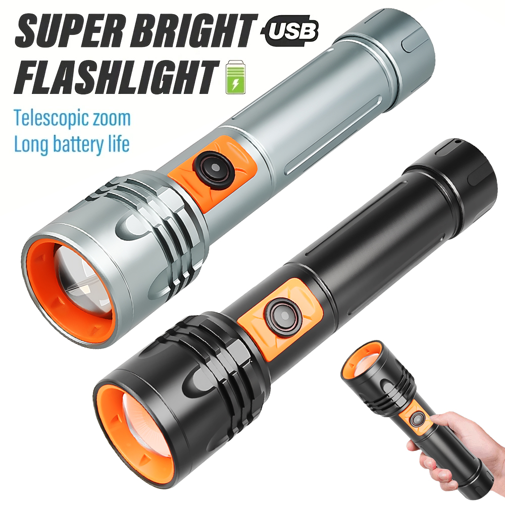 Outdoor Camping And Fishing - ハイパワー LED 懐中電灯 USB 充電式トーチ、伸縮ズーム付き超高輝度戦術ランタン、アウトドアキャンプ、釣り用