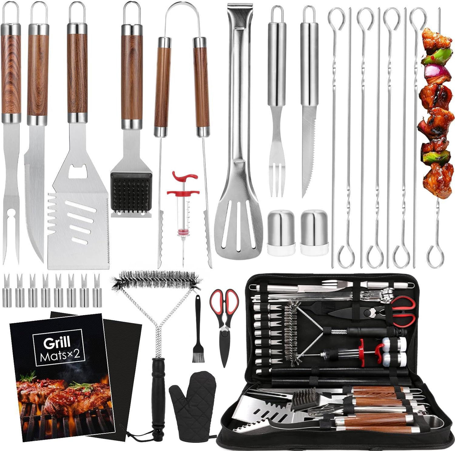 Outdoor Camping Utensils - 34点セットの頑丈なグリルツールセット、屋外キャンプ用、ステンレス製バーベキュー用品キット、マットと手袋付き、キャリーバッグ入り