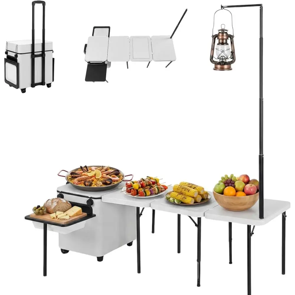Outdoor Camping Table With Storage - 持ち運び可能な折りたたみ式屋外キッチンテーブル（収納＆ホイール付き）、キャンプ、バーベキュー、家庭での料理に最適