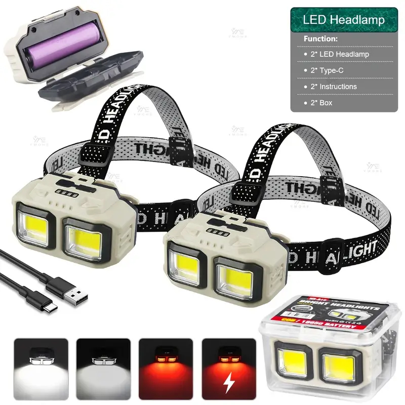 Headlamp - COB LED ヘッドランプ充電式ヘッドライト防水作業灯安全照明ヘッド懐中電灯屋外キャンプ釣り用