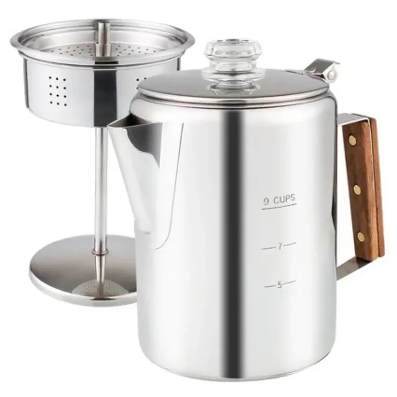 Camp Percolator Coffee - ステンレス製キャンプ用コーヒーパーコレーター木製ハンドル付きコンロ用ポータブル家庭用コーヒーポット
