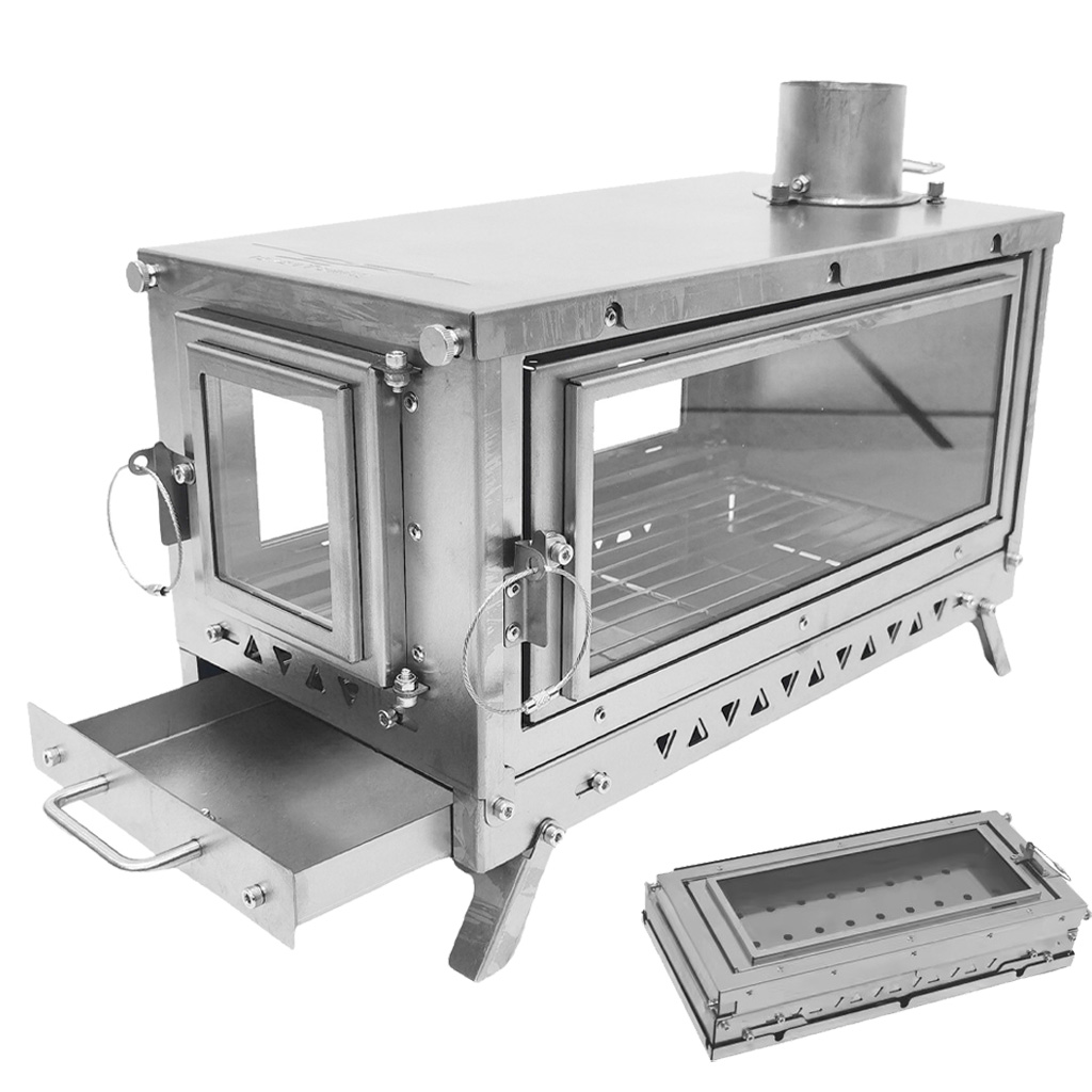 Outdoor Camping Fireplace - DANCHEL T3 チタン製テントストーブ、折りたたみ式薪ストーブ超軽量キャンプ用暖炉、大きな窓付き煙突パイプテントストーブ