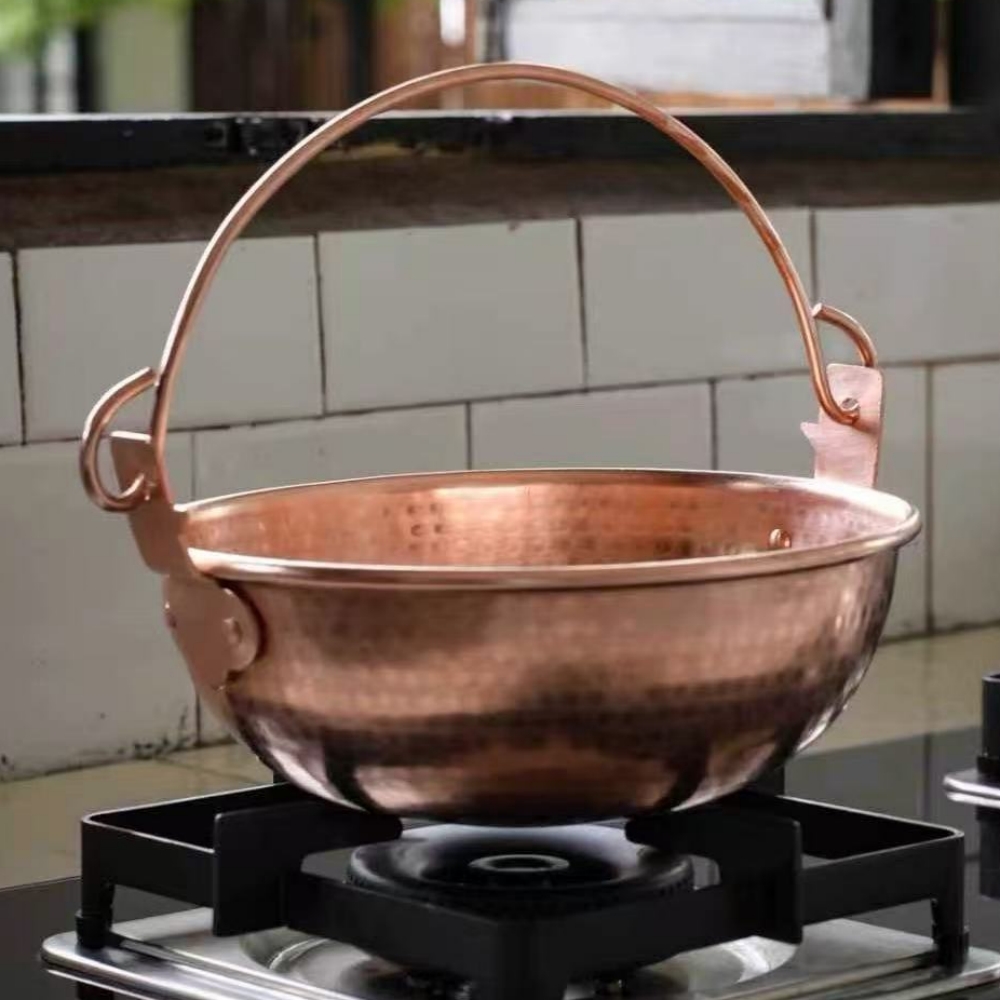 Outdoor Camping Utensils - ヴィンテージ銅製吊り下げ鍋、アウトドアキャンプ用厚手鍋調理器具、パスタの煮込み、手作りハンマーテクスチャ鍋