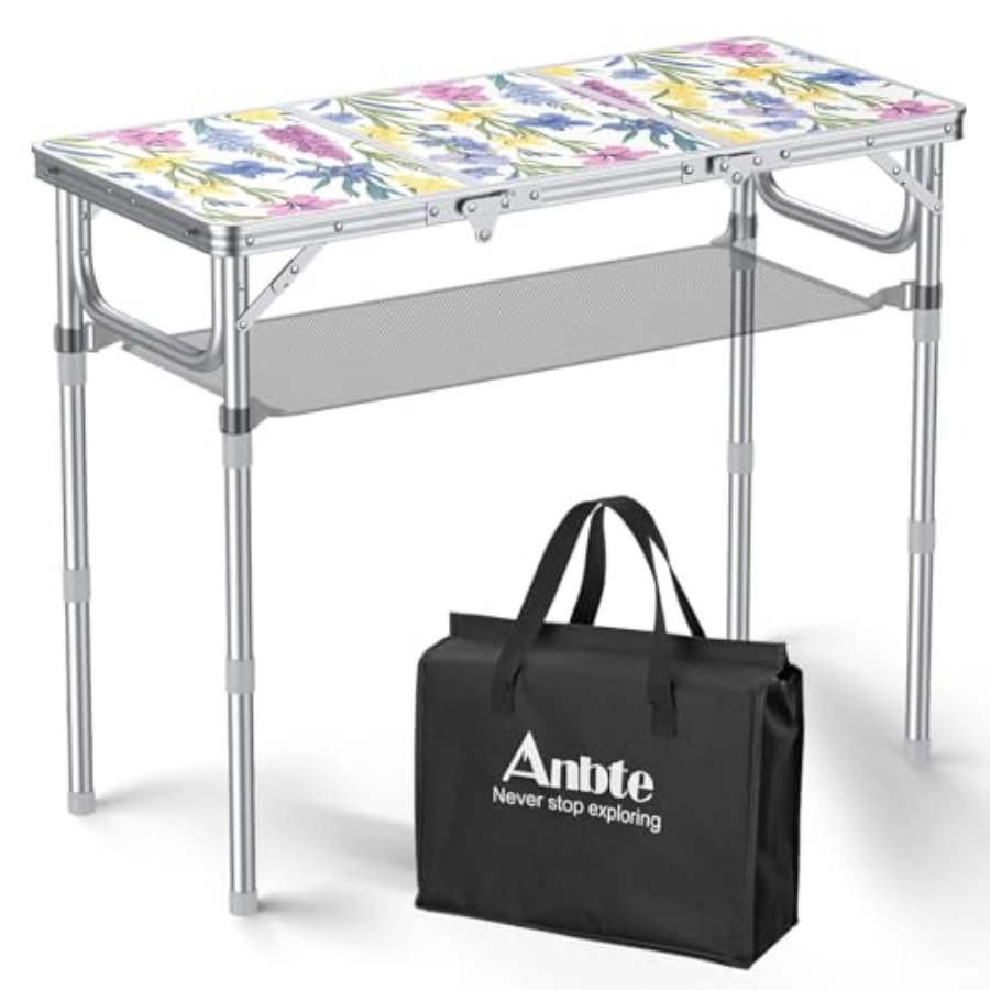Outdoor Camping Table With Storage - 3フィート折りたたみ式キャンプテーブル、収納ネットとバッグ付き、3段階高さ調節可能、最大27.5インチ、屋外折りたたみテーブル、軽量、ポータブルH