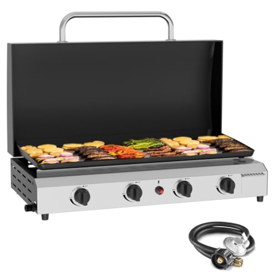 Outdoor Camping Griddle - 4バーナーガスグリドル（蓋付き）-30インチ屋外プロパングリドル-60000 BTUプロパン燃料式ポータブルフラットトップガスグリルキャンプグリル