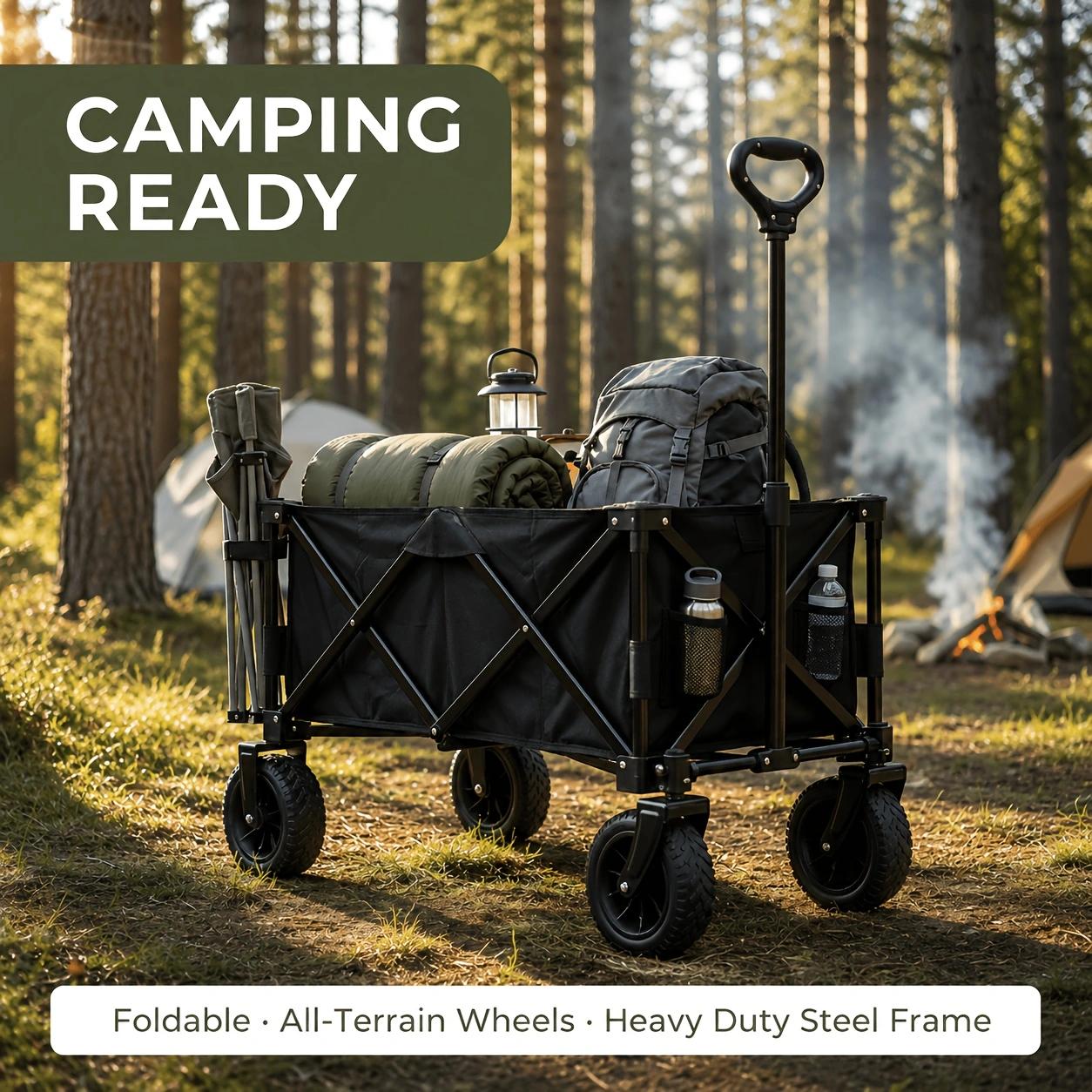 Outdoor Camping Shop - 頑丈な折りたたみ式ワゴンカート、折りたたみ式ユーティリティトロリー、全地形対応アウトドアキャンプビーチ用ハンドカート、ポータブルペットワゴン、耐荷重650ポンド、炭素鋼フレーム、600D生地、組み立て不要、ガーデンショッピングスポーツ運搬用、ブラック