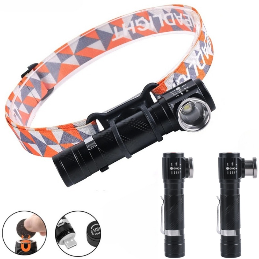 Headlamp - 超高輝度LED 90 ° ズーム機能付き充電式アルミ合金ヘッドランプ、ペンクリップ付き磁気キャンプ用ヘッドトーチ