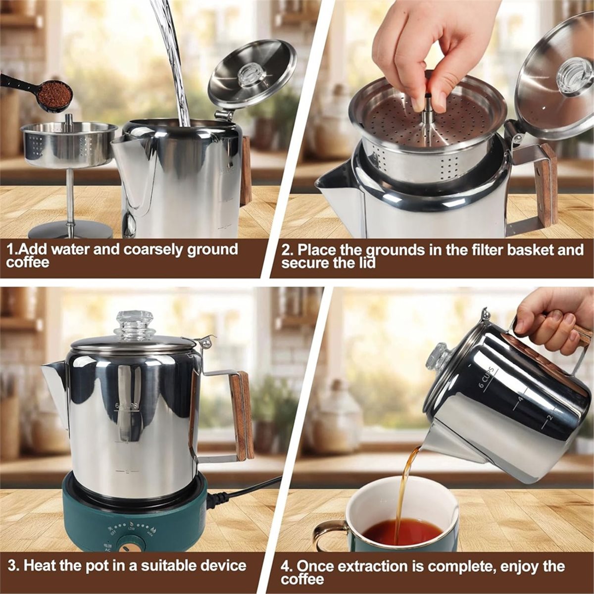 Camp Percolator Coffee - 6カップパーコレーター 304ステンレス鋼コーヒーポット コーヒーメーカー ハンドル付き ストーブトップモカ 家庭用およびキャンプ用