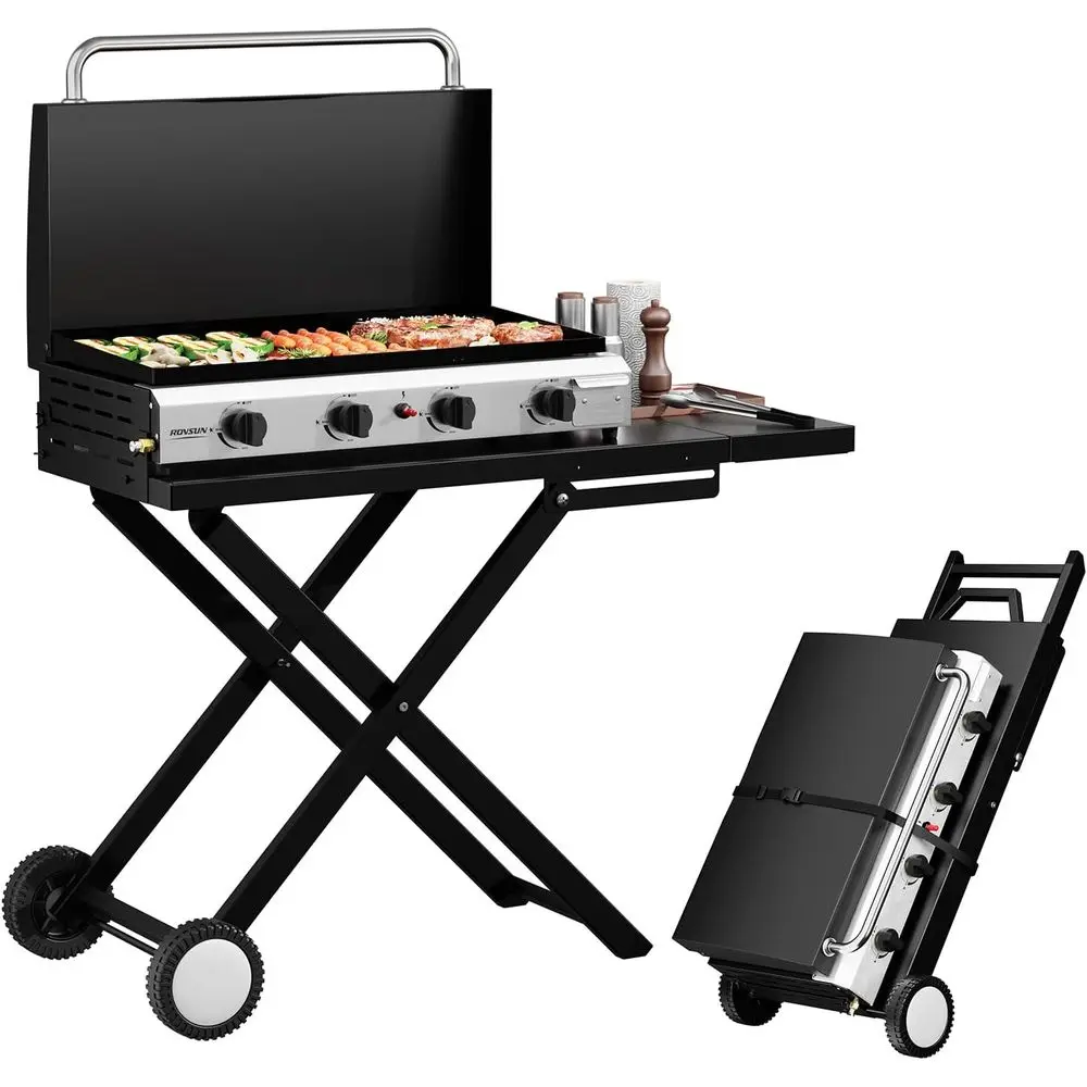 Outdoor Camping Griddle - ポータブル4バーナー・プロパン・グリドル（ホイール、エナメル加工トレイ、蓋、電子点火装置付き）屋外調理・キャンプBBQ用 T