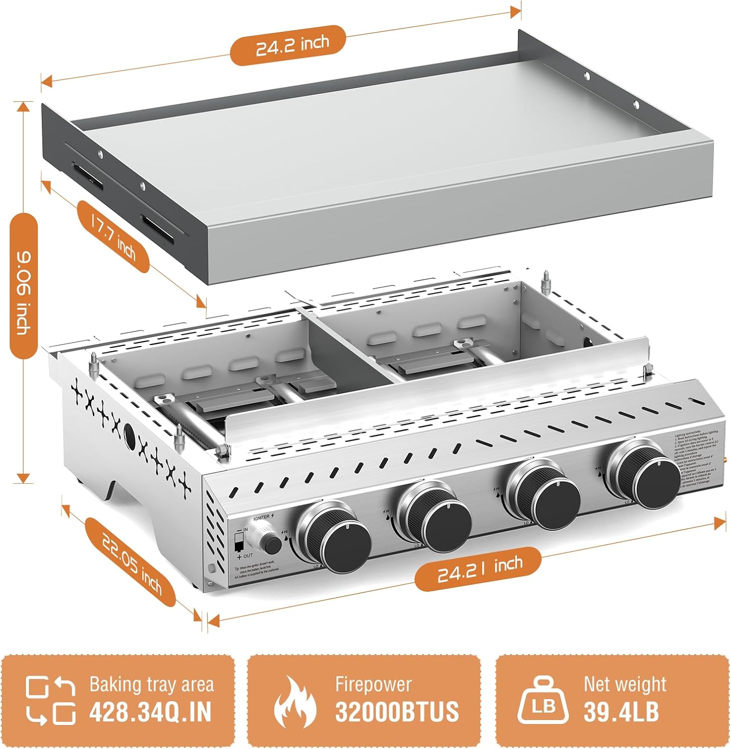 ポータブル4バーナー ステンレス鋼BBQグリドル、32000 - Outdoor Camping Griddle のレビューと価格