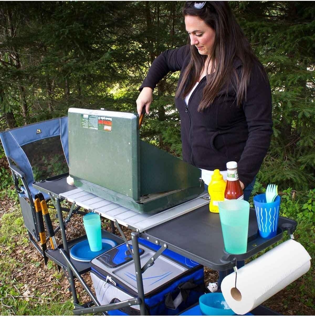 スリム折りたたみ式ポータブルキャンプキッチンテーブル、耐熱ト - Outdoor Camping Table With Storage のレビューと価格
