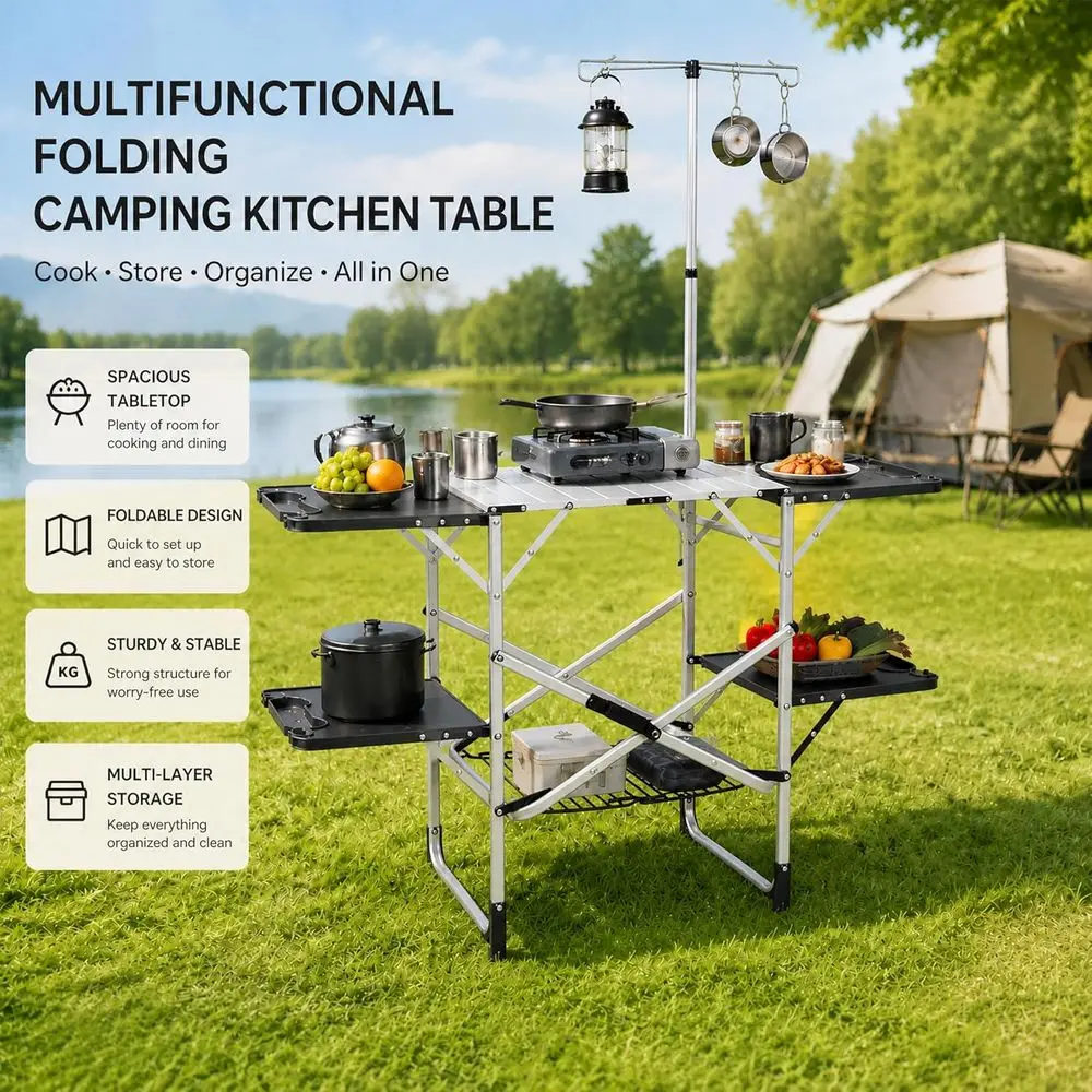 耐熱トップ、4つのサイドテーブル、収納、ランプポスト付きのポ - Outdoor Camping Table With Storage のレビューと価格