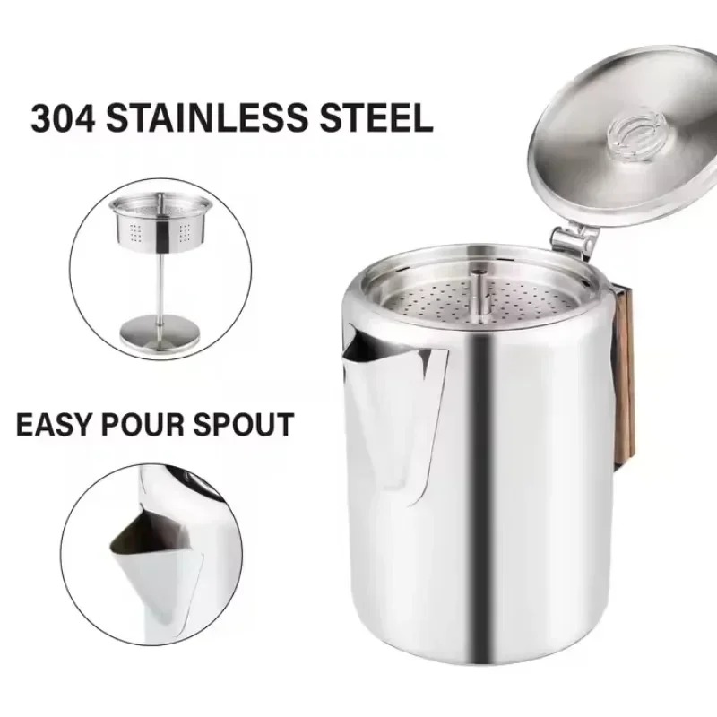 ステンレス製キャンプ用コーヒーパーコレーター木製ハンドル付き - Camp Percolator Coffee のレビューと価格