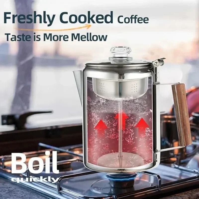 ステンレス製キャンプ用コーヒーパーコレーター木製ハンドル付き - Camp Percolator Coffee のレビューと価格