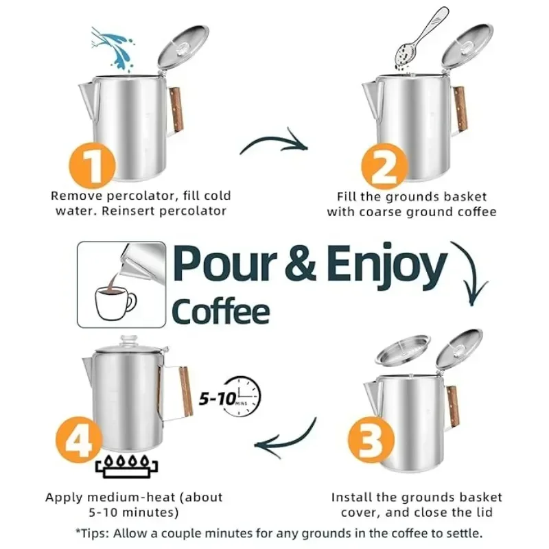 ステンレス鋼コーヒーパーコレーター コンフォートグリップ木製 - Camp Percolator Coffee のレビューと価格