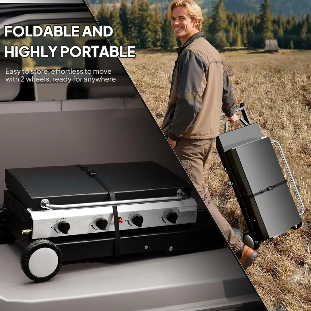 ポータブル4バーナー・プロパン・グリドル（ホイール、エナメル - Outdoor Camping Griddle のレビューと価格
