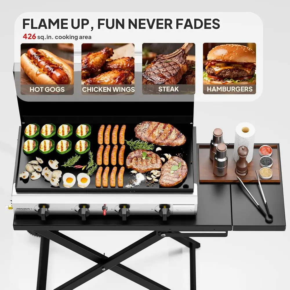 ポータブル4バーナー・プロパン・グリドル（ホイール、エナメル - Outdoor Camping Griddle のレビューと価格