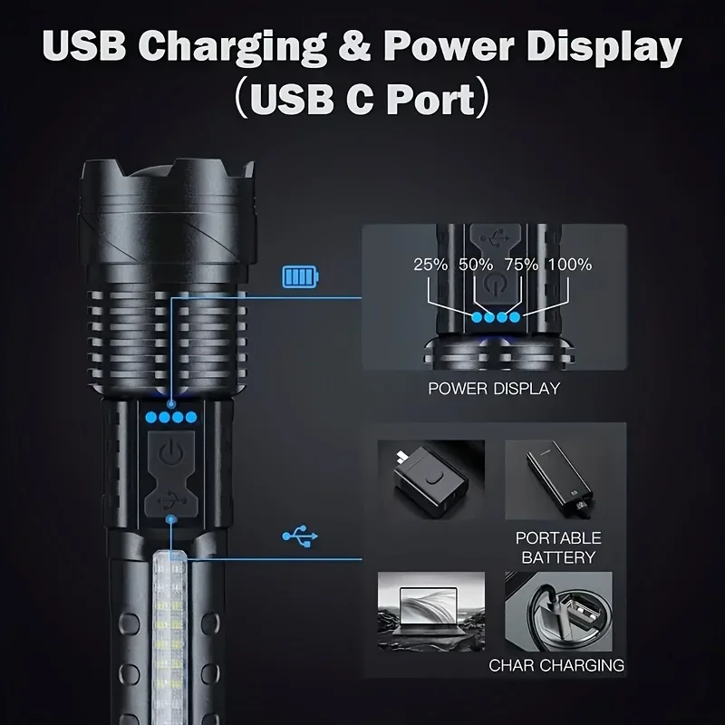 強力な LED 懐中電灯バッテリーディスプレイ USB 充電 - Outdoor Camping And Fishing のレビューと価格